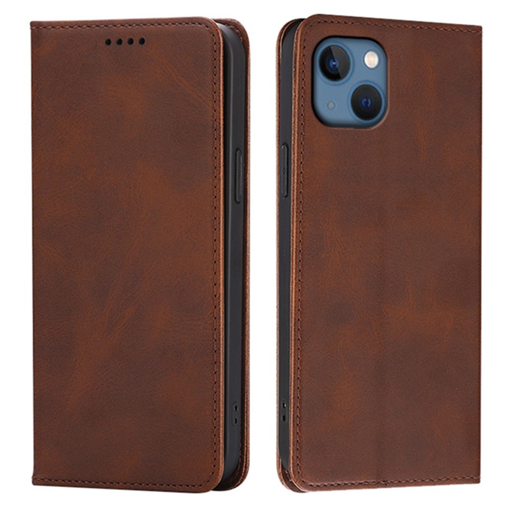 For iPhone 13 Case Wallet Calf Texture Leather Phone Cover with Hidden Magnetic Closure - Brown