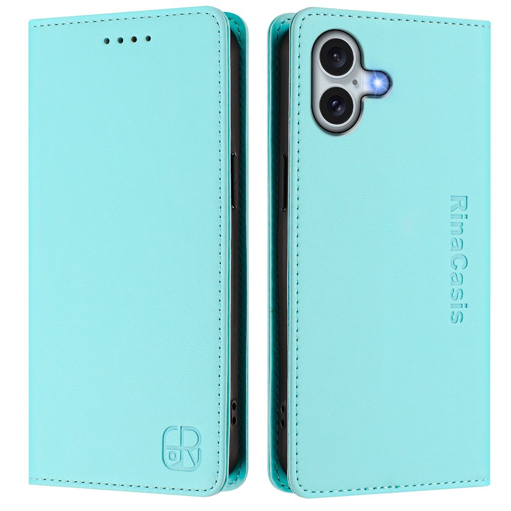 For iPhone 16 Plus Leather Case RINACASIS RC01 Phone Cover with RFID Blocking Wallet Stand - Mint Green