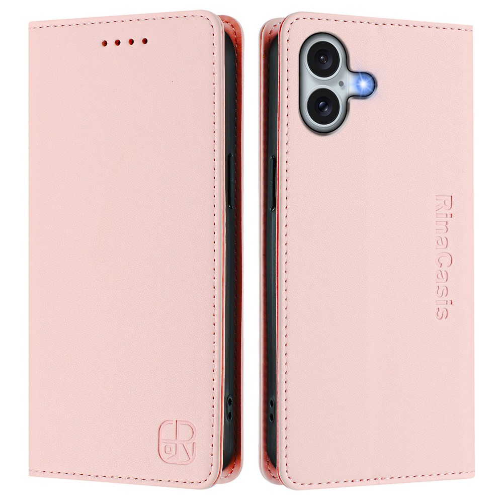 For iPhone 16 Plus Leather Case RINACASIS RC01 Phone Cover with RFID Blocking Wallet Stand - Pink