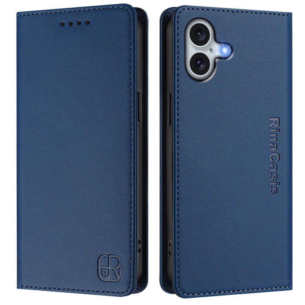 For iPhone 16 Plus Leather Case RINACASIS RC01 Phone Cover with RFID Blocking Wallet Stand - Dark Blue