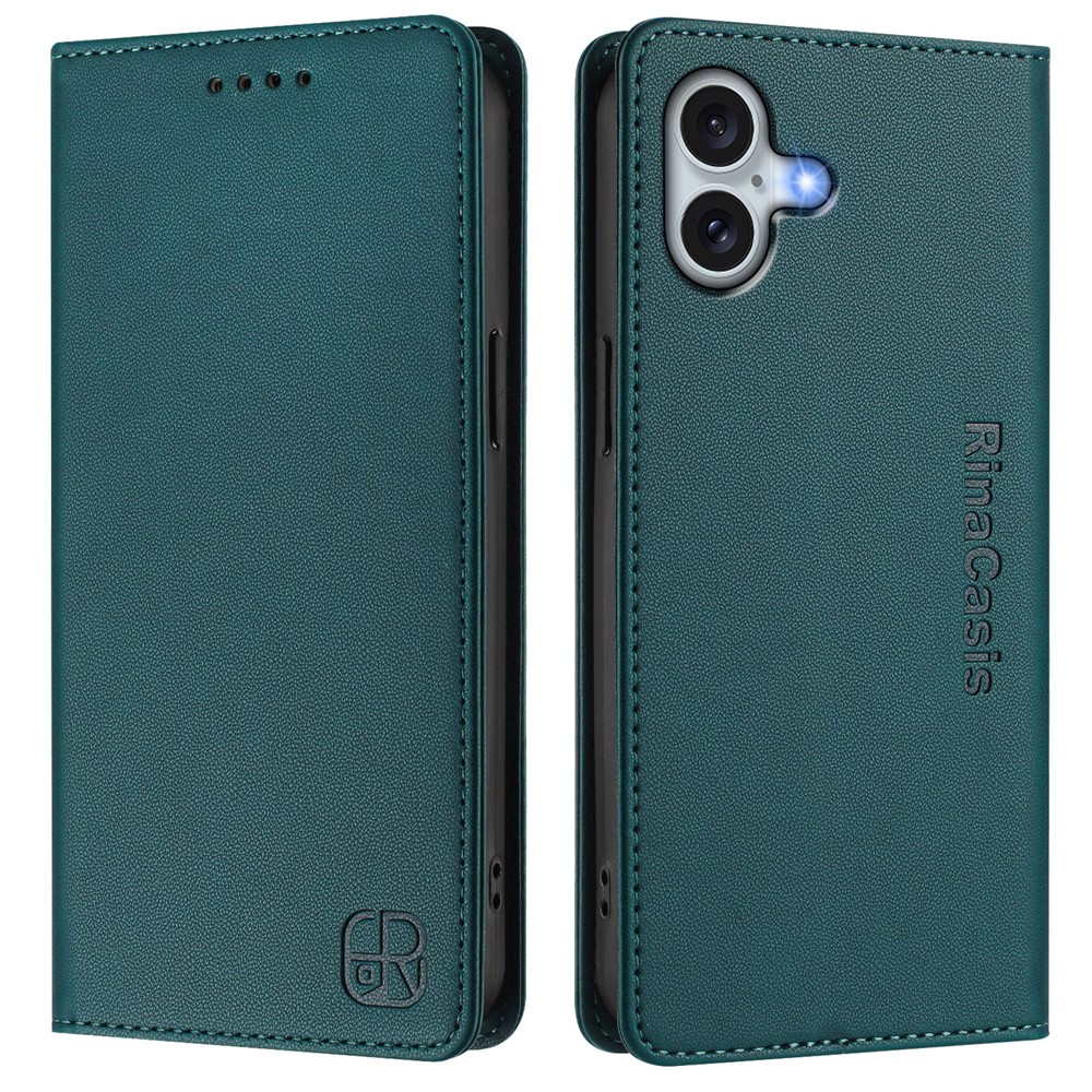 For iPhone 16 Plus Leather Case RINACASIS RC01 Phone Cover with RFID Blocking Wallet Stand - Dark Green