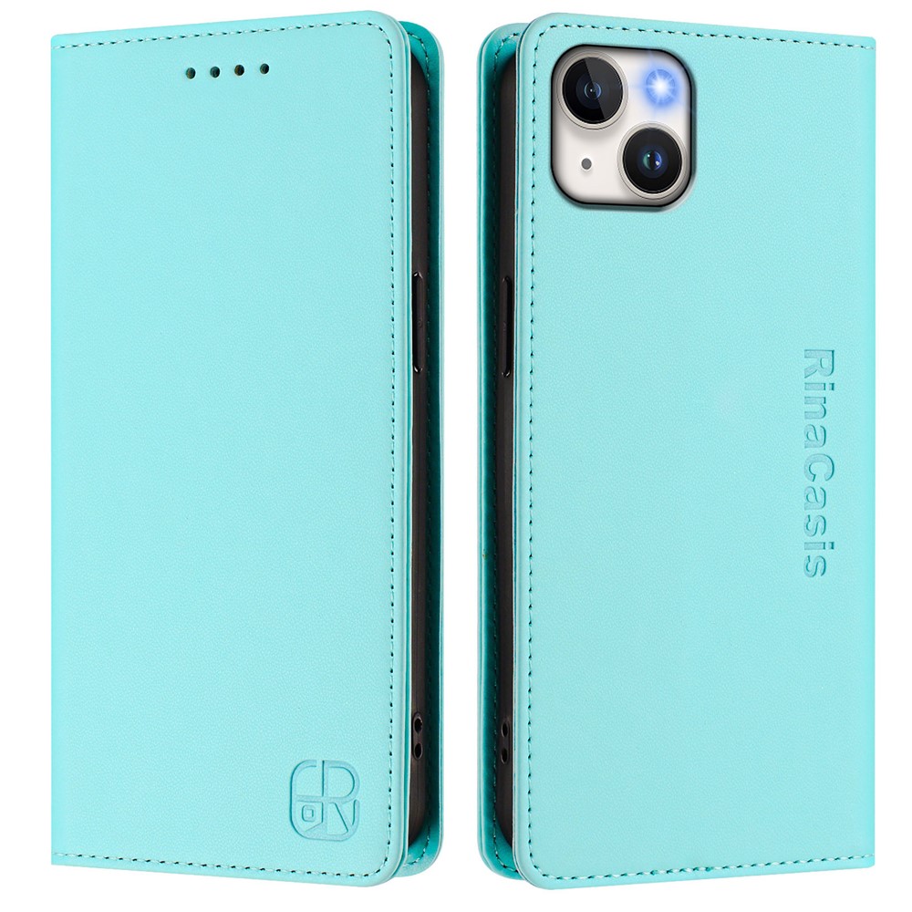 For iPhone 15 Plus Leather Case RINACASIS RC01 Phone Cover with RFID Blocking Wallet Stand - Mint Green