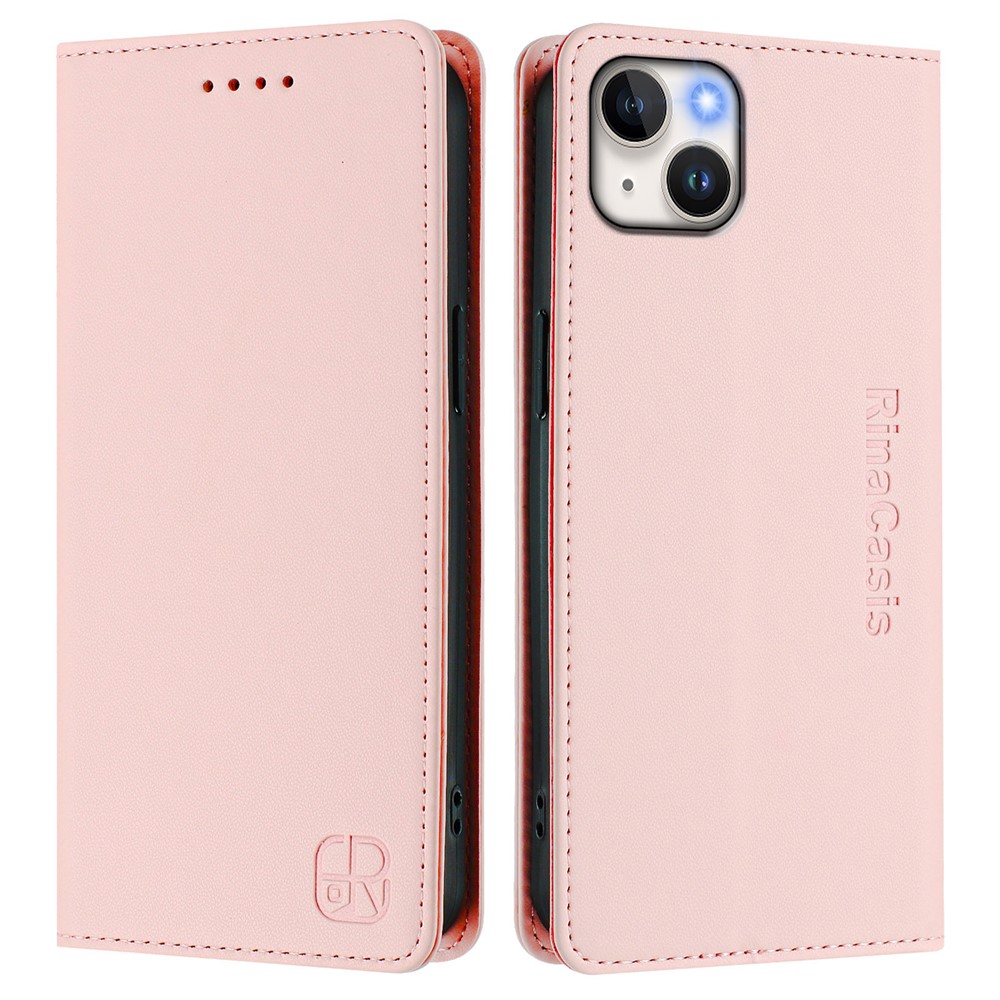For iPhone 15 Plus Leather Case RINACASIS RC01 Phone Cover with RFID Blocking Wallet Stand - Pink