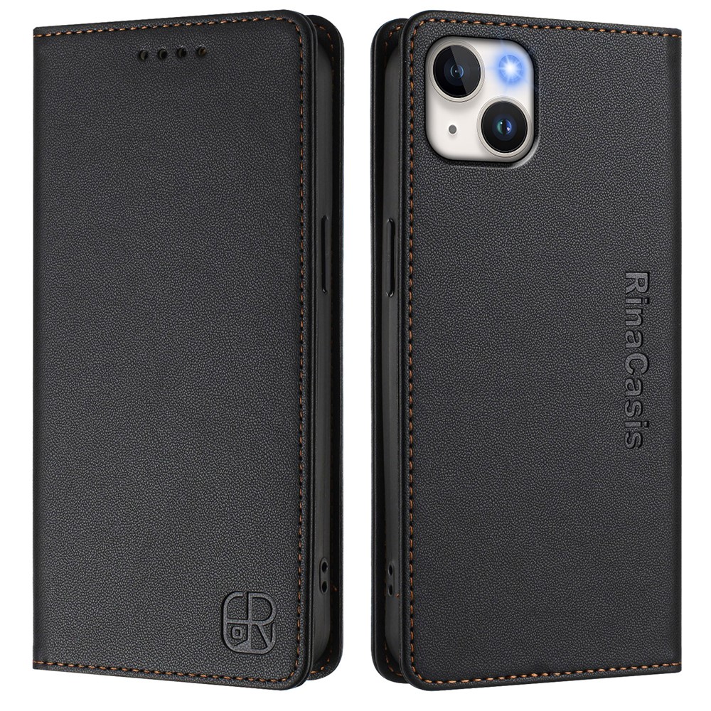 For iPhone 15 Plus Leather Case RINACASIS RC01 Phone Cover with RFID Blocking Wallet Stand - Black