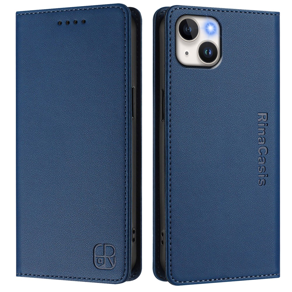 For iPhone 15 Plus Leather Case RINACASIS RC01 Phone Cover with RFID Blocking Wallet Stand - Dark Blue