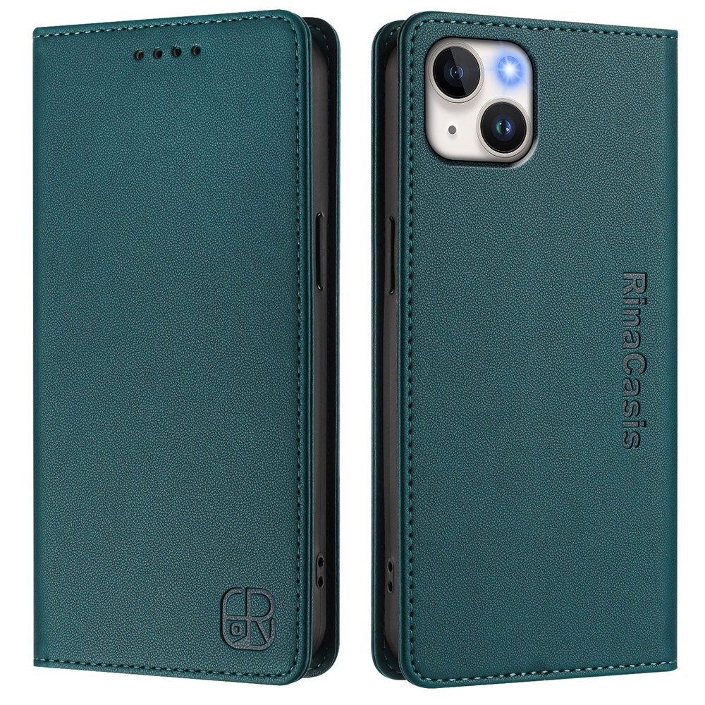 For iPhone 15 Plus Leather Case RINACASIS RC01 Phone Cover with RFID Blocking Wallet Stand - Dark Green