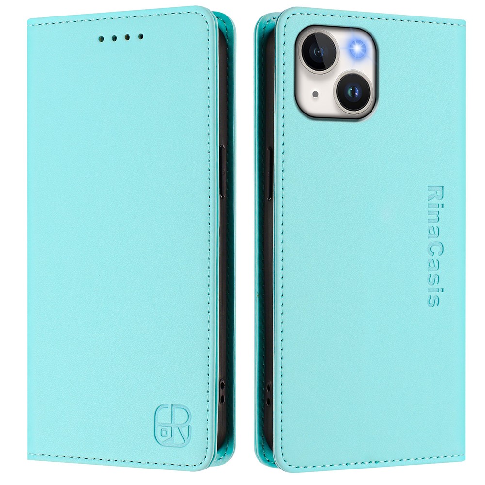 For iPhone 15 Leather Case RINACASIS RC01 Phone Cover with RFID Blocking Wallet Stand - Mint Green