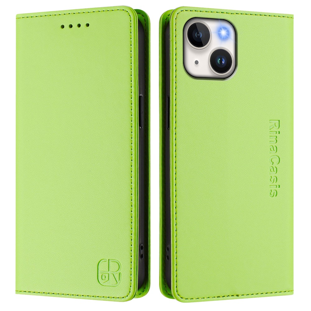 For iPhone 15 Leather Case RINACASIS RC01 Phone Cover with RFID Blocking Wallet Stand - Green