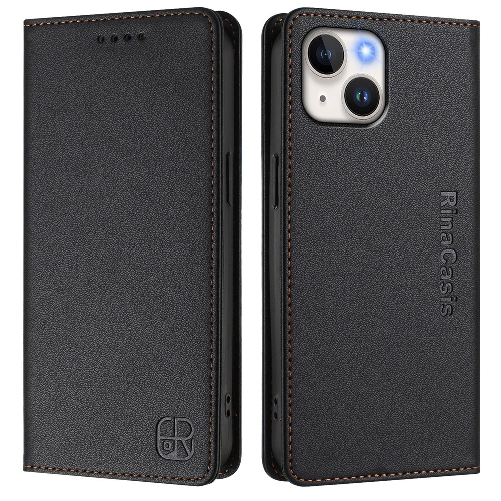 For iPhone 15 Leather Case RINACASIS RC01 Phone Cover with RFID Blocking Wallet Stand - Black