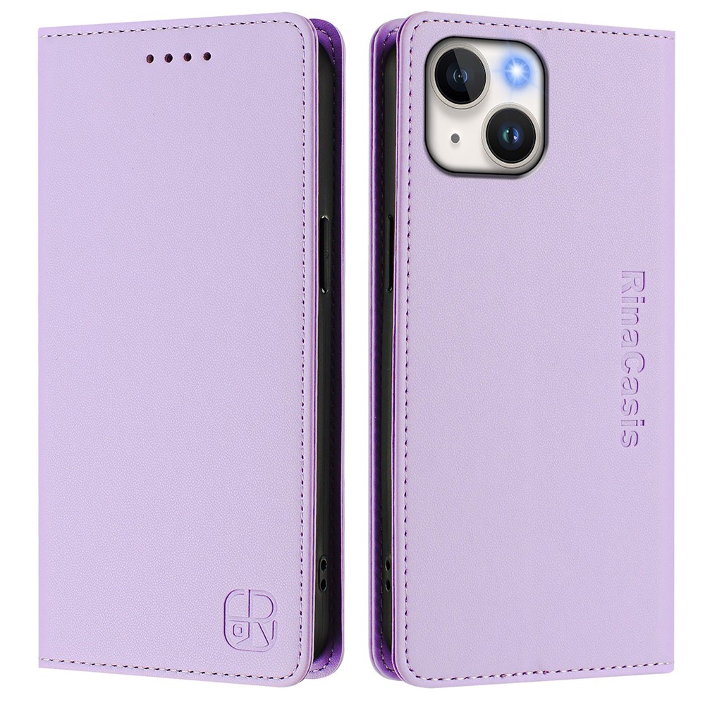 For iPhone 15 Leather Case RINACASIS RC01 Phone Cover with RFID Blocking Wallet Stand - Light Purple