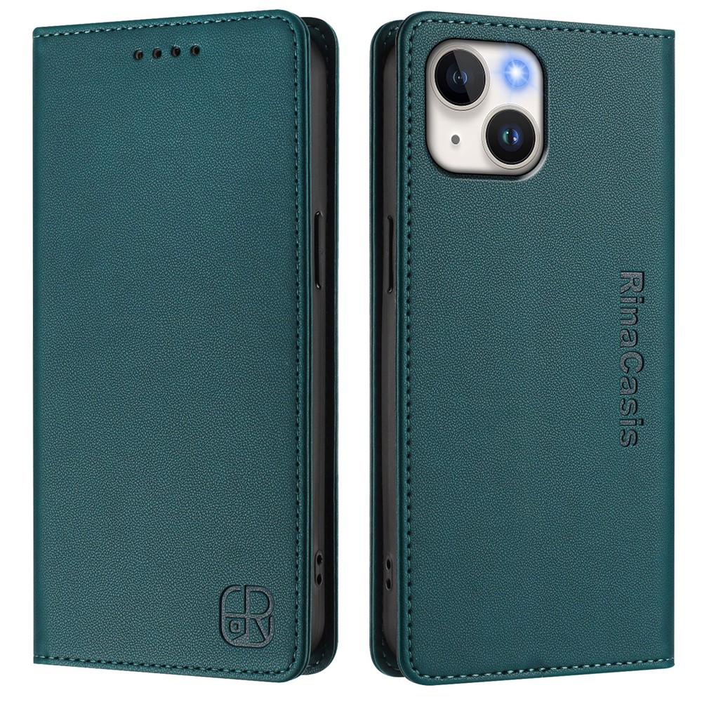 For iPhone 15 Leather Case RINACASIS RC01 Phone Cover with RFID Blocking Wallet Stand - Dark Green