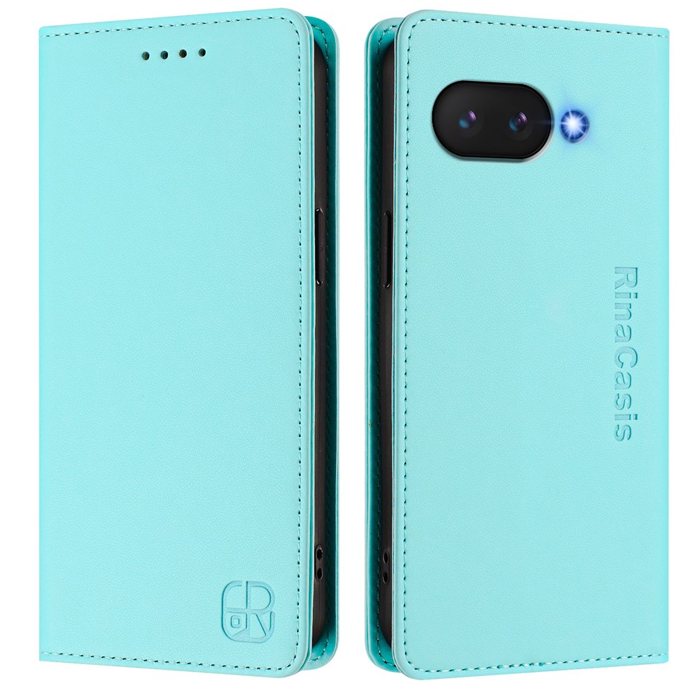 For Google Pixel 9a Leather Case RINACASIS RC01 Phone Cover with RFID Blocking Wallet Stand - Mint Green