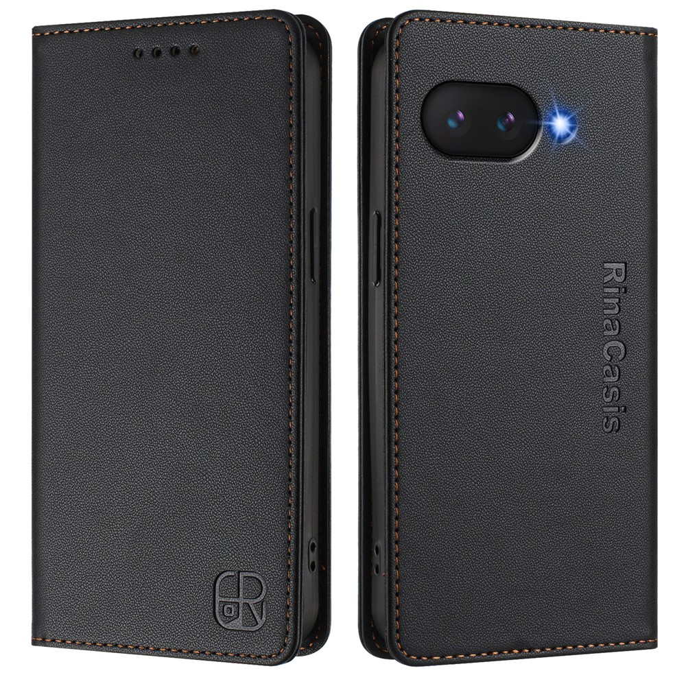 For Google Pixel 9a Leather Case RINACASIS RC01 Phone Cover with RFID Blocking Wallet Stand - Black