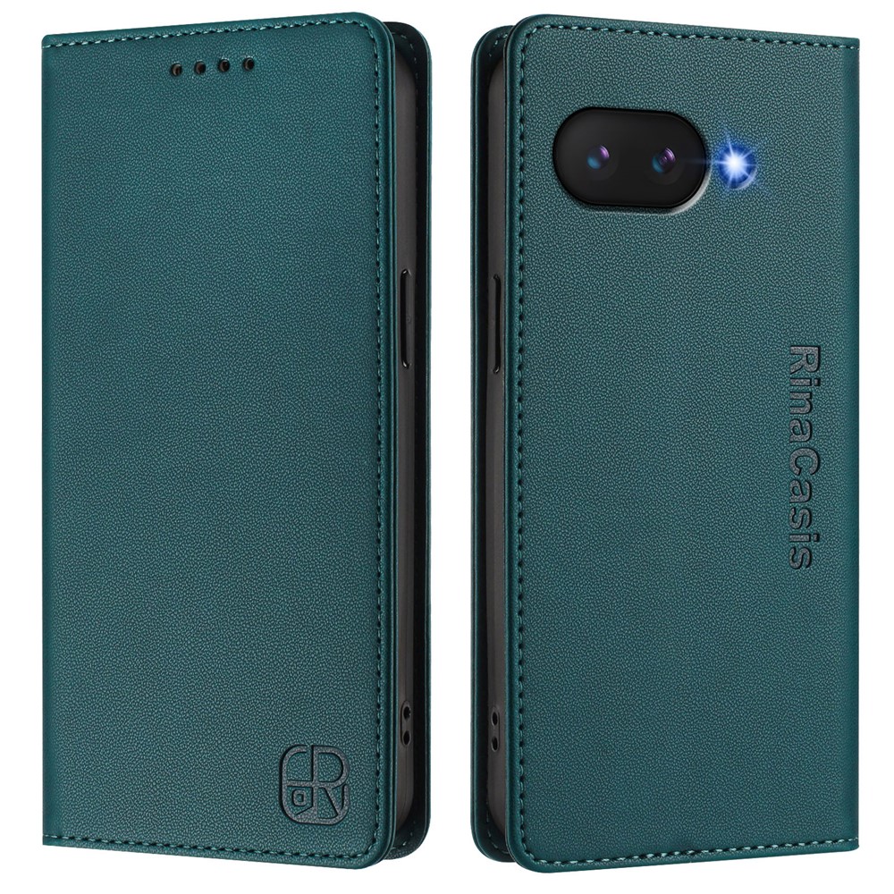 For Google Pixel 9a Leather Case RINACASIS RC01 Phone Cover with RFID Blocking Wallet Stand - Dark Green