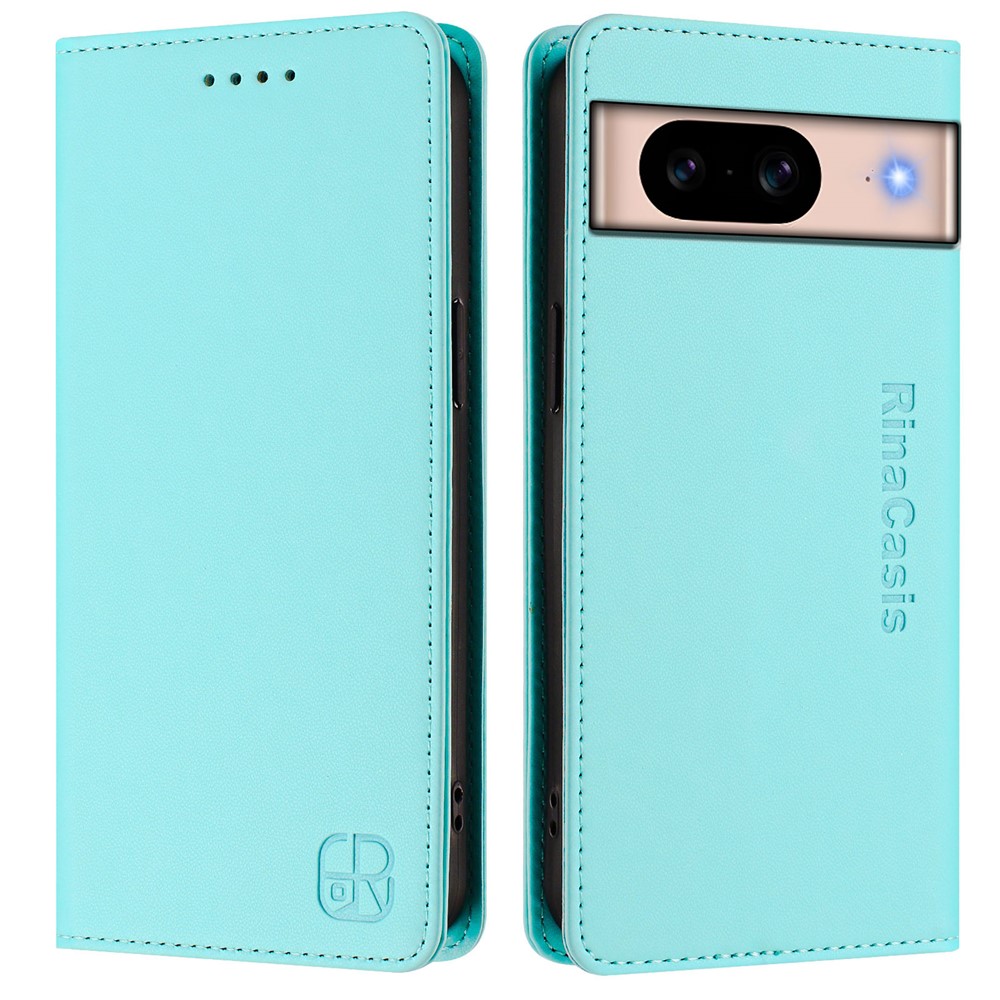 For Google Pixel 8a Leather Case RINACASIS RC01 Phone Cover with RFID Blocking Wallet Stand - Mint Green