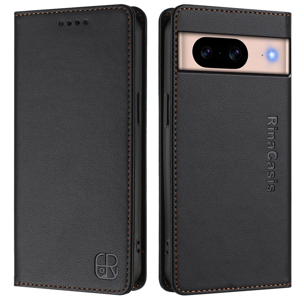 For Google Pixel 8a Leather Case RINACASIS RC01 Phone Cover with RFID Blocking Wallet Stand - Black