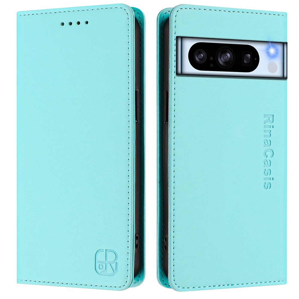 For Google Pixel 8 Pro Leather Case RINACASIS RC01 Phone Cover with RFID Blocking Wallet Stand - Mint Green