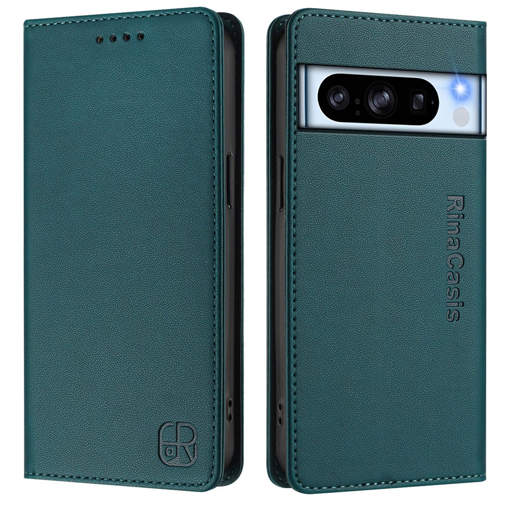 For Google Pixel 8 Pro Leather Case RINACASIS RC01 Phone Cover with RFID Blocking Wallet Stand - Dark Green