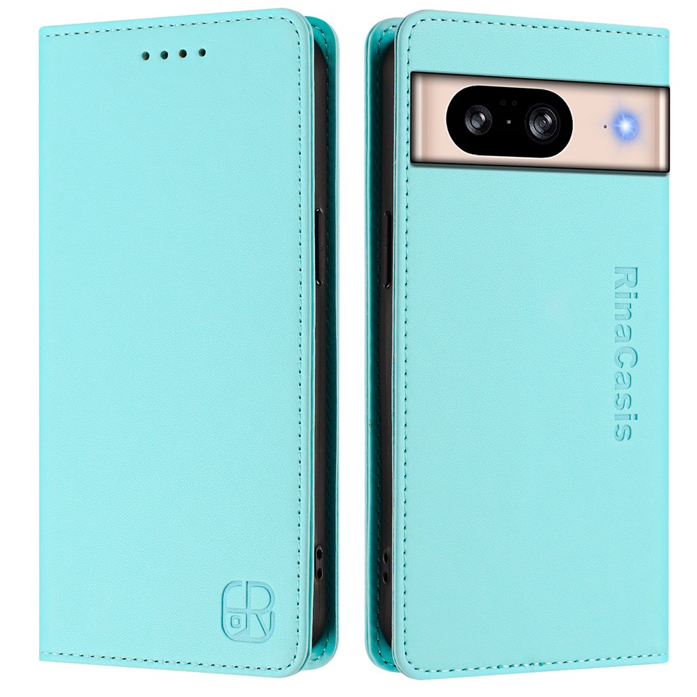 For Google Pixel 8 Leather Case RINACASIS RC01 Phone Cover with RFID Blocking Wallet Stand - Mint Green