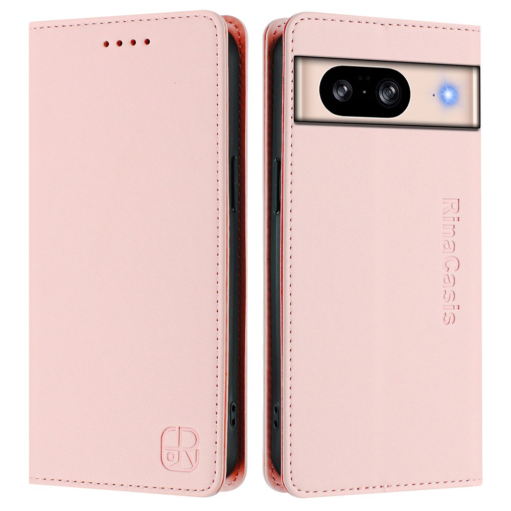 For Google Pixel 8 Leather Case RINACASIS RC01 Phone Cover with RFID Blocking Wallet Stand - Pink