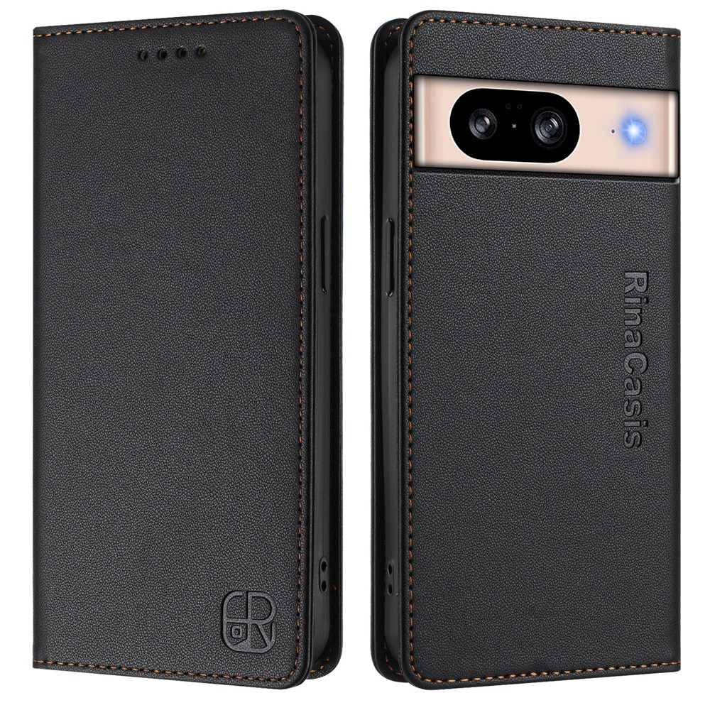 For Google Pixel 8 Leather Case RINACASIS RC01 Phone Cover with RFID Blocking Wallet Stand - Black