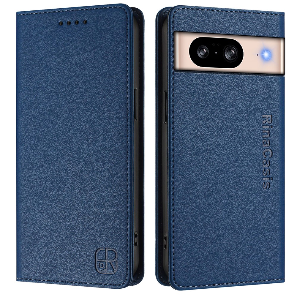 For Google Pixel 8 Leather Case RINACASIS RC01 Phone Cover with RFID Blocking Wallet Stand - Dark Blue