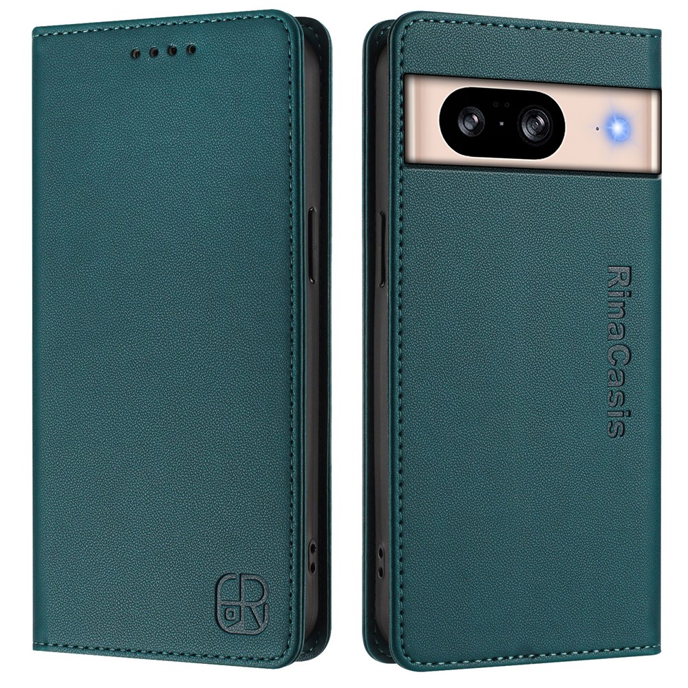For Google Pixel 8 Leather Case RINACASIS RC01 Phone Cover with RFID Blocking Wallet Stand - Dark Green