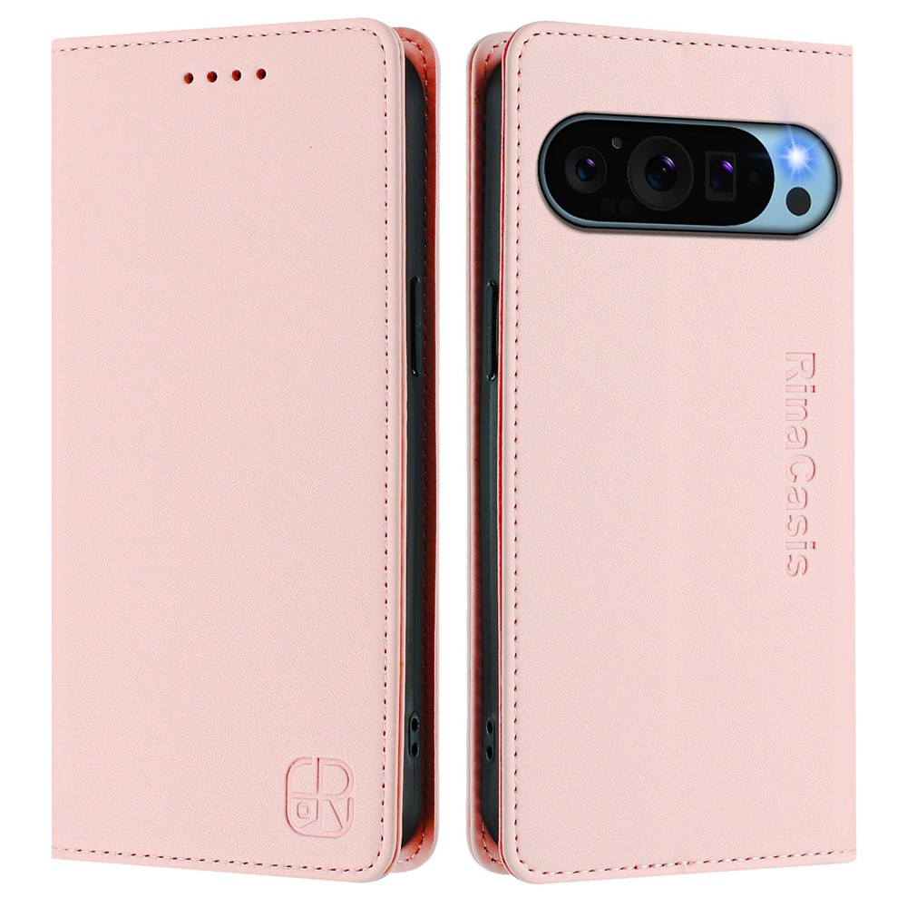 For Google Pixel 9 Pro / Google Pixel 9 Leather Case RINACASIS RC01 Phone Cover with RFID Blocking Wallet Stand - Pink