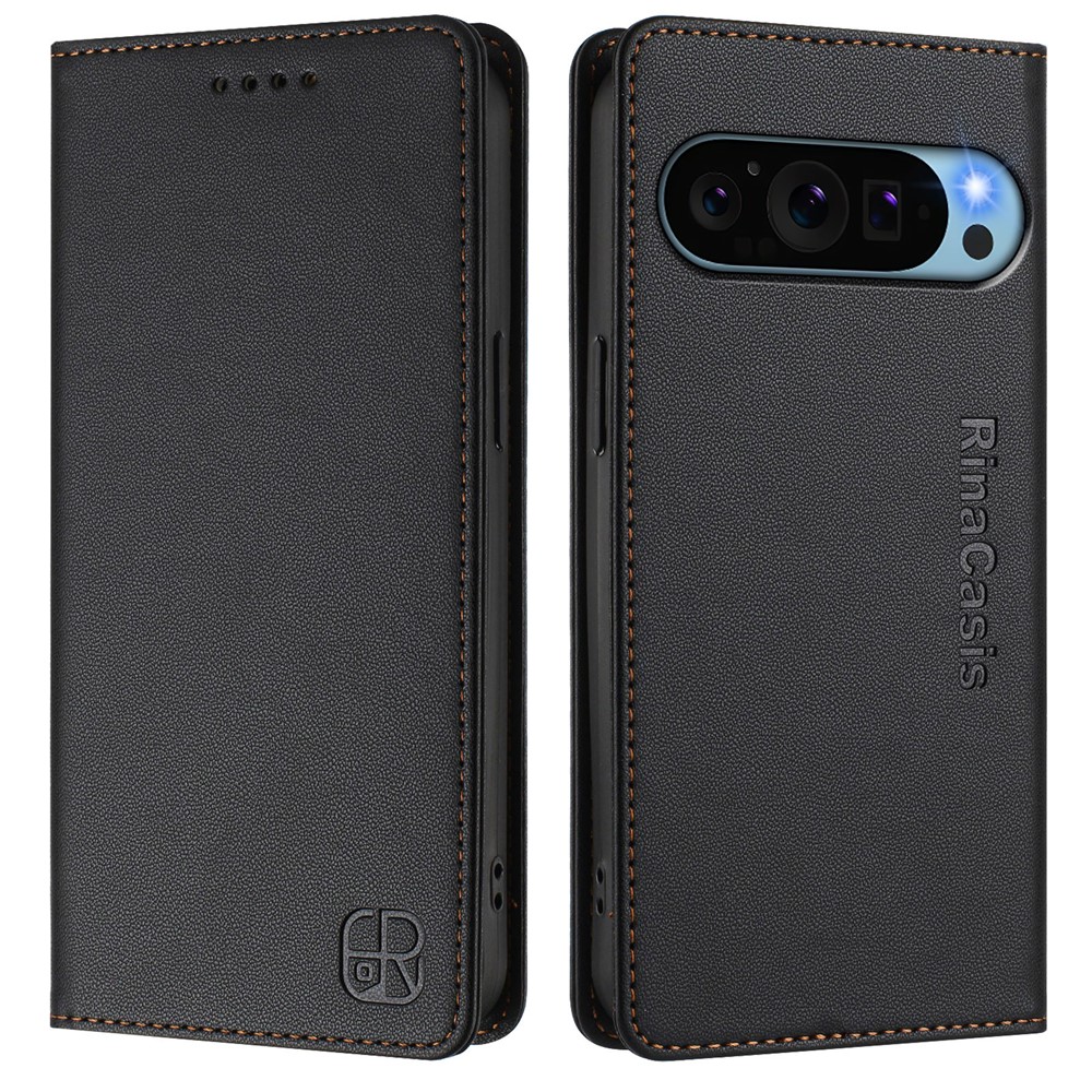 For Google Pixel 9 Pro / Google Pixel 9 Leather Case RINACASIS RC01 Phone Cover with RFID Blocking Wallet Stand - Black