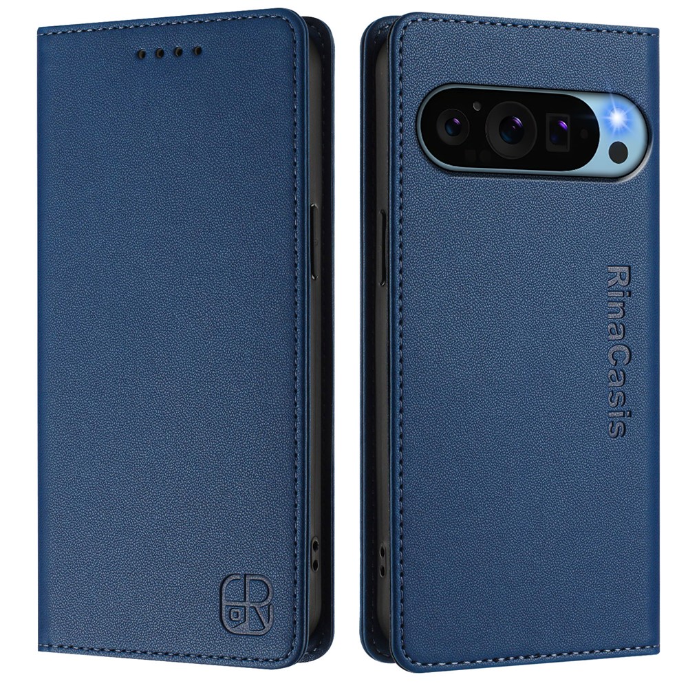 For Google Pixel 9 Pro / Google Pixel 9 Leather Case RINACASIS RC01 Phone Cover with RFID Blocking Wallet Stand - Dark Blue