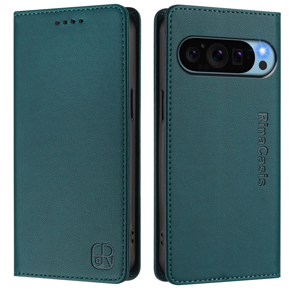 For Google Pixel 9 Pro / Google Pixel 9 Leather Case RINACASIS RC01 Phone Cover with RFID Blocking Wallet Stand - Dark Green