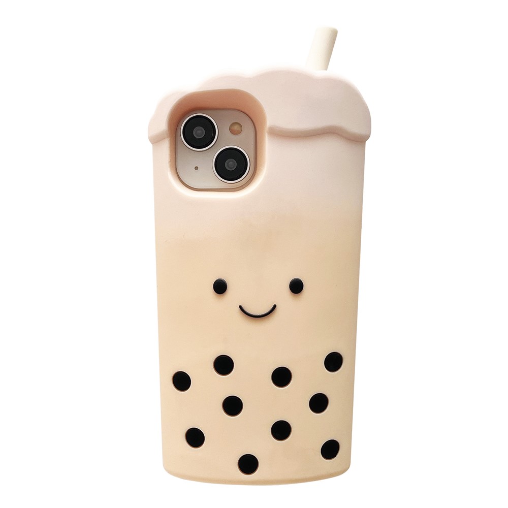 For iPhone 15 Silicone Case Cute 3D Pearl Milk Tea Style Shockproof Phone Back Cover - White