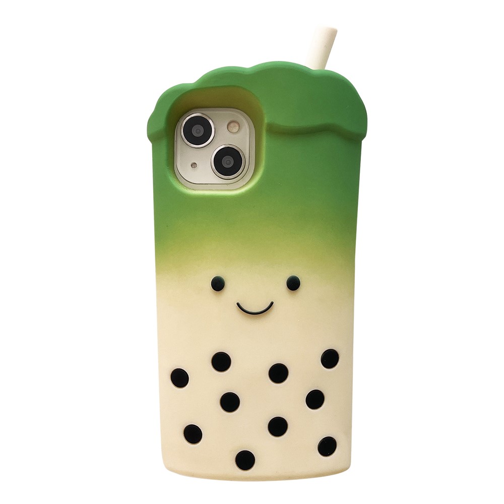 For iPhone 15 Silicone Case Cute 3D Pearl Milk Tea Style Shockproof Phone Back Cover - Green