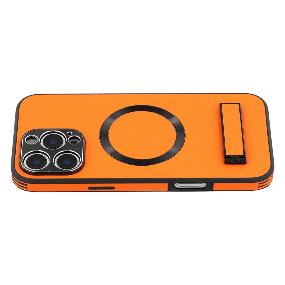 For iPhone 16 Pro Max Kickstand Case Compatible with MagSafe PC + TPU + PU Phone Back Cover - Orange