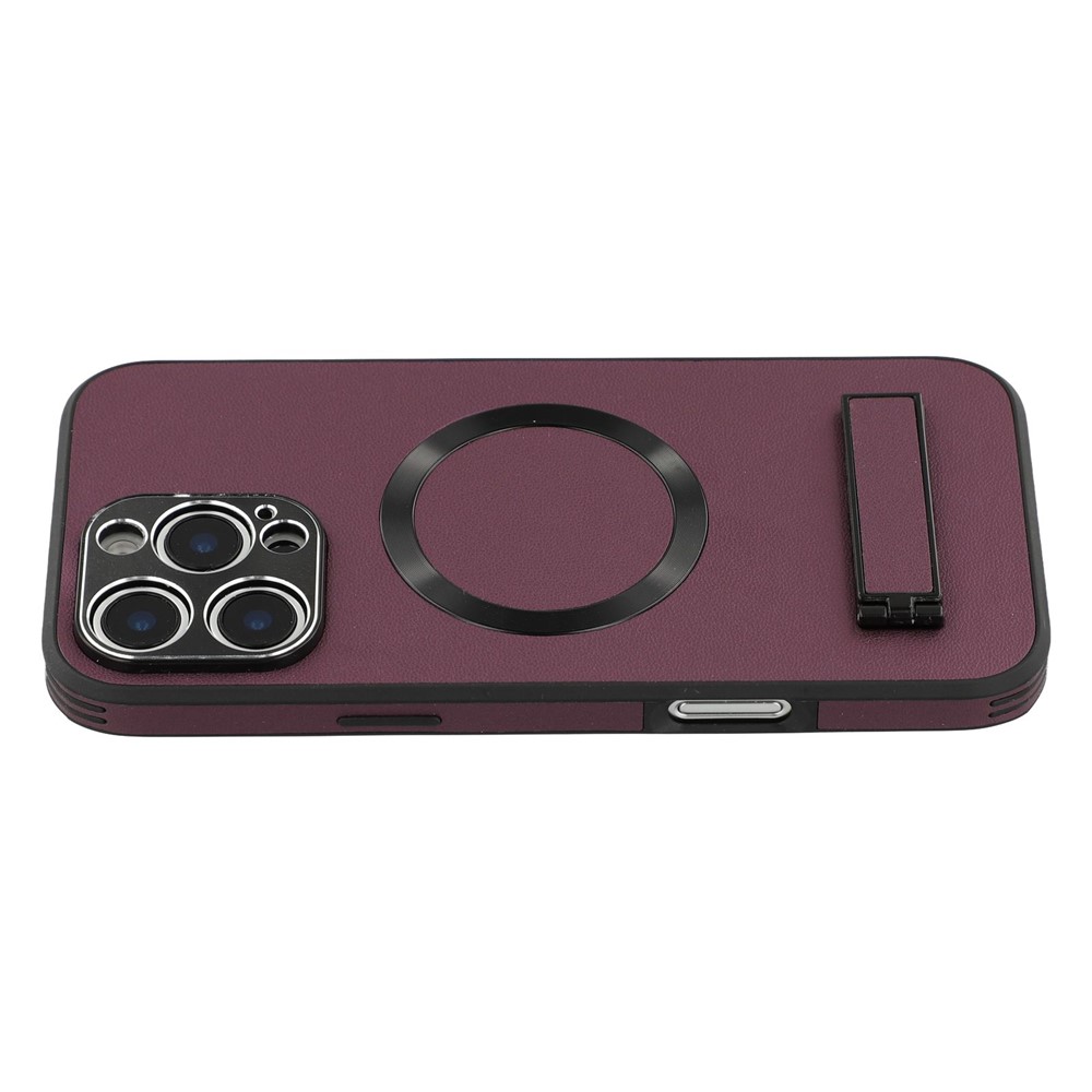 For iPhone 16 Pro Max Kickstand Case Compatible with MagSafe PC + TPU + PU Phone Back Cover - Wine Red
