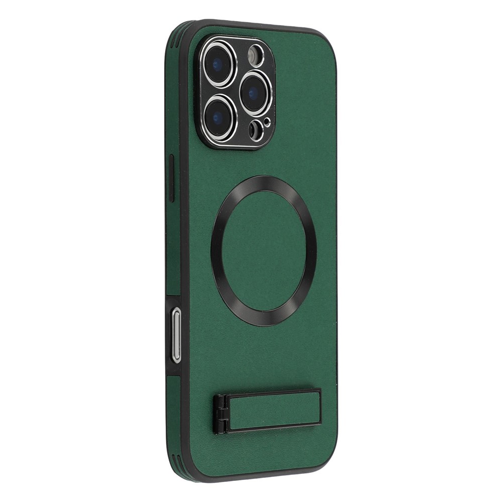 For iPhone 16 Pro Max Kickstand Case Compatible with MagSafe PC + TPU + PU Phone Back Cover - Green