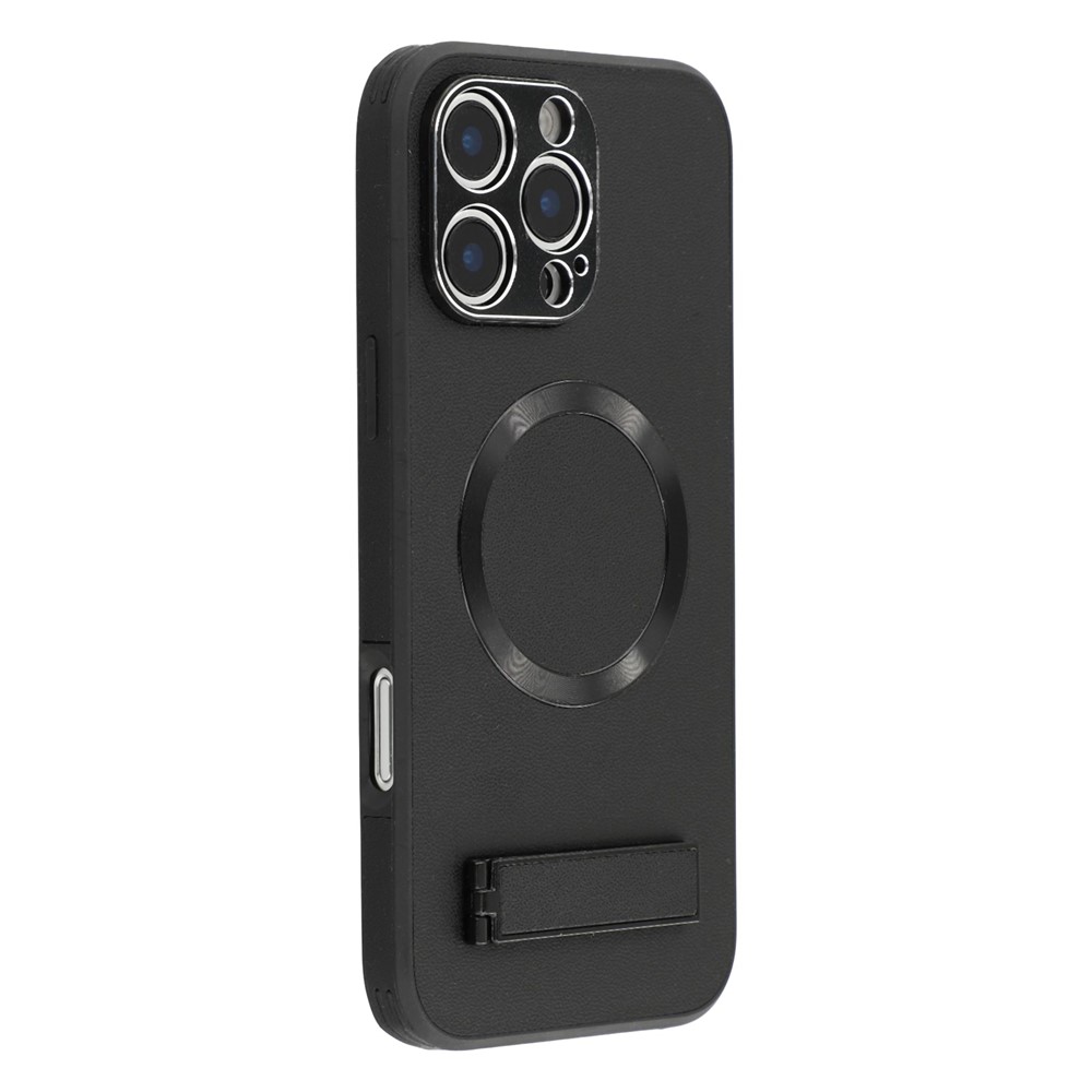 For iPhone 16 Pro Max Kickstand Case Compatible with MagSafe PC + TPU + PU Phone Back Cover - Black