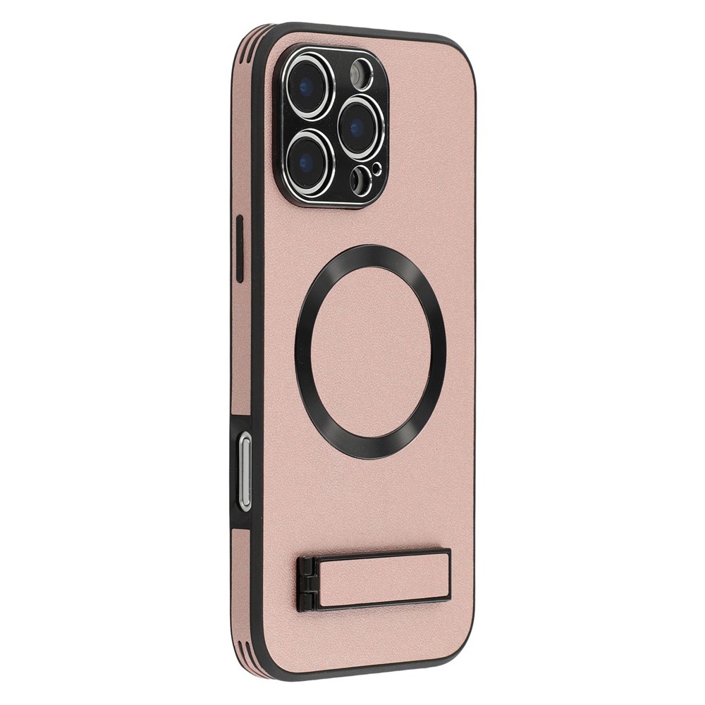For iPhone 16 Pro Max Kickstand Case Compatible with MagSafe PC + TPU + PU Phone Back Cover - Rose Gold