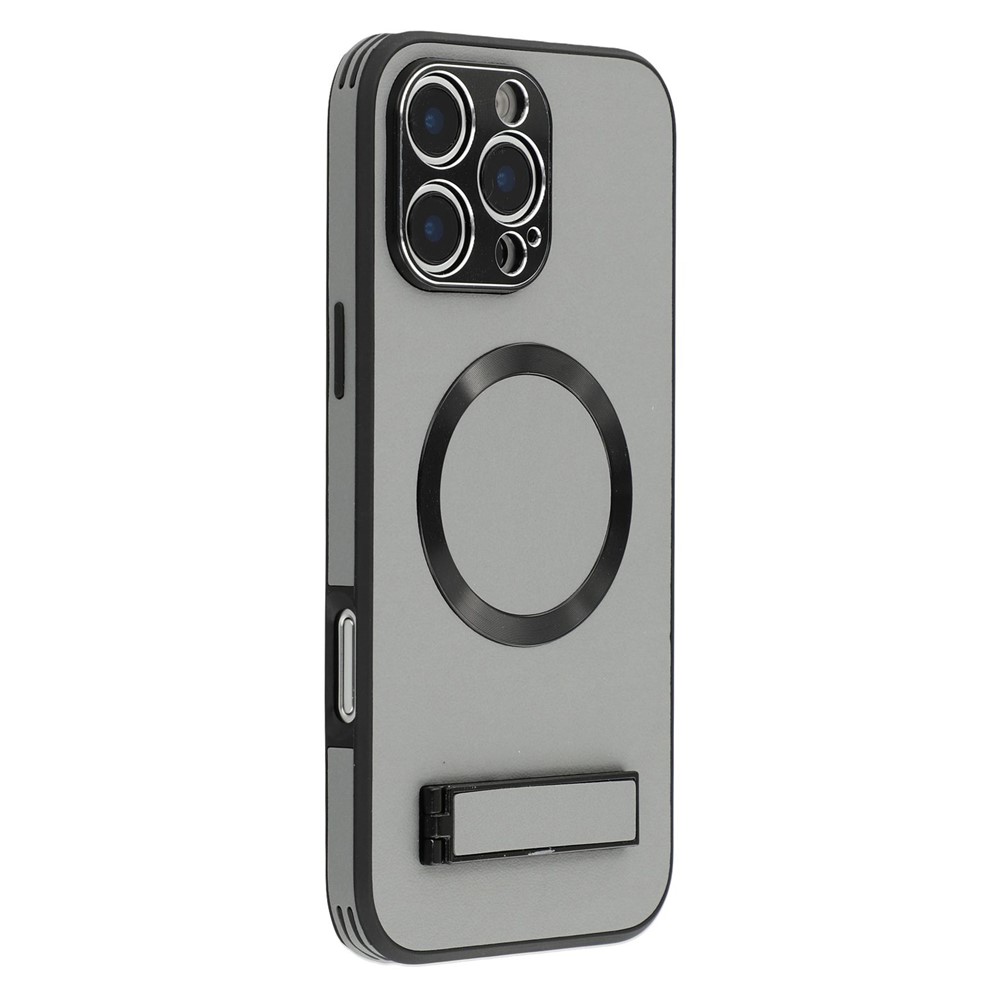 For iPhone 16 Pro Max Kickstand Case Compatible with MagSafe PC + TPU + PU Phone Back Cover - Grey