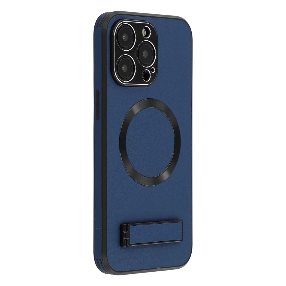 For iPhone 15 Pro Max Kickstand Case Compatible with MagSafe PC + TPU + PU Phone Back Cover - Blue
