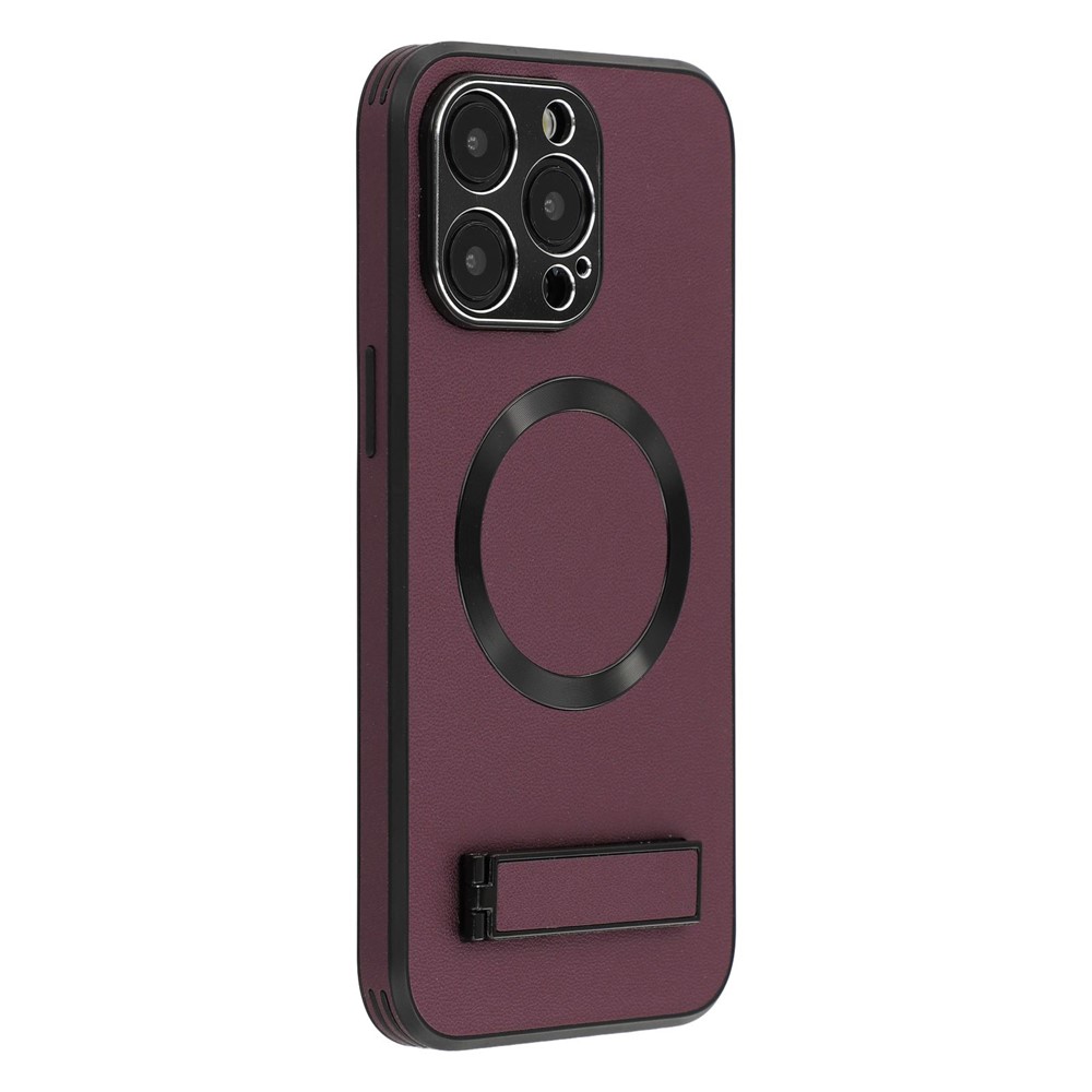 For iPhone 15 Pro Max Kickstand Case Compatible with MagSafe PC + TPU + PU Phone Back Cover - Wine Red