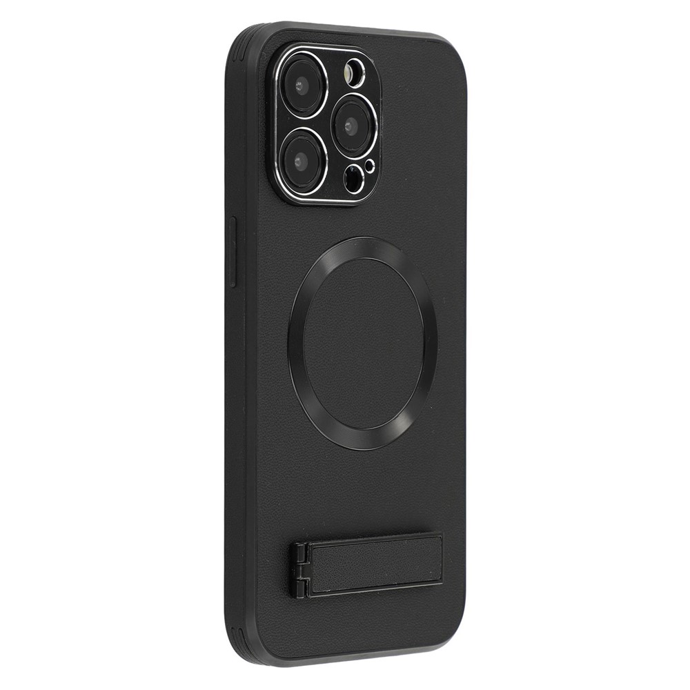 For iPhone 15 Pro Kickstand Case Compatible with MagSafe PC + TPU + PU Phone Back Cover - Black