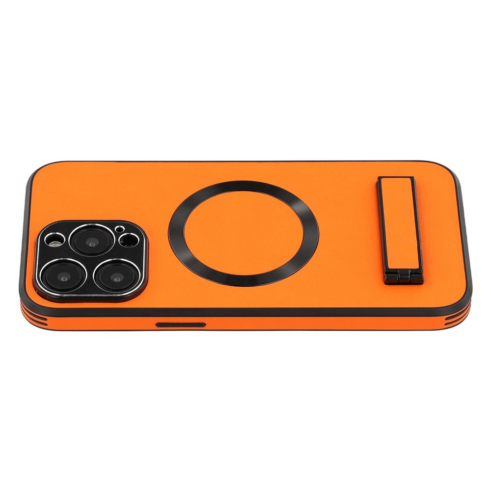 For iPhone 15 Pro Kickstand Case Compatible with MagSafe PC + TPU + PU Phone Back Cover - Orange