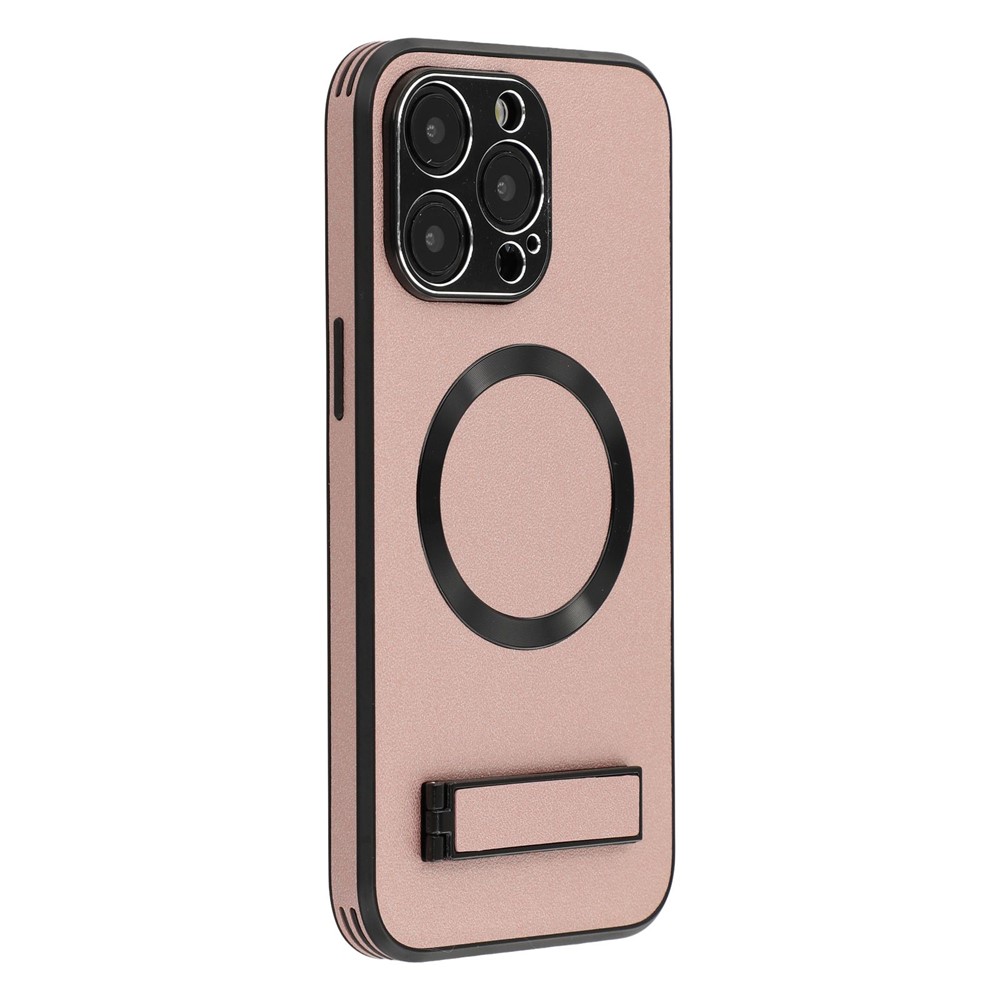 For iPhone 14 Pro Max Kickstand Case Compatible with MagSafe PC + TPU + PU Phone Back Cover - Rose Gold