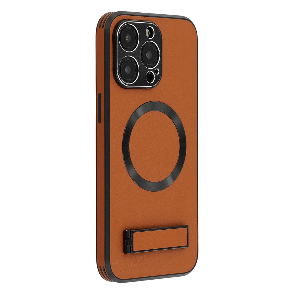 For iPhone 14 Pro Max Kickstand Case Compatible with MagSafe PC + TPU + PU Phone Back Cover - Brown