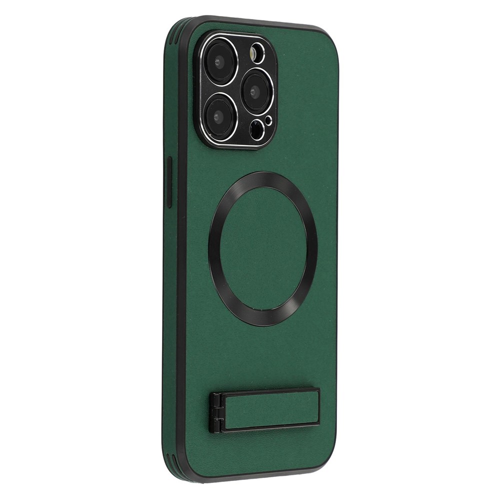 For iPhone 14 Pro Kickstand Case Compatible with MagSafe PC + TPU + PU Phone Back Cover - Green