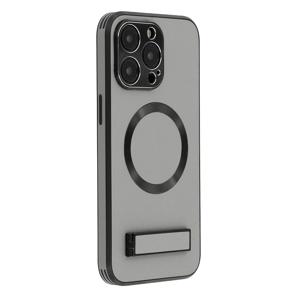 For iPhone 14 Pro Kickstand Case Compatible with MagSafe PC + TPU + PU Phone Back Cover - Grey