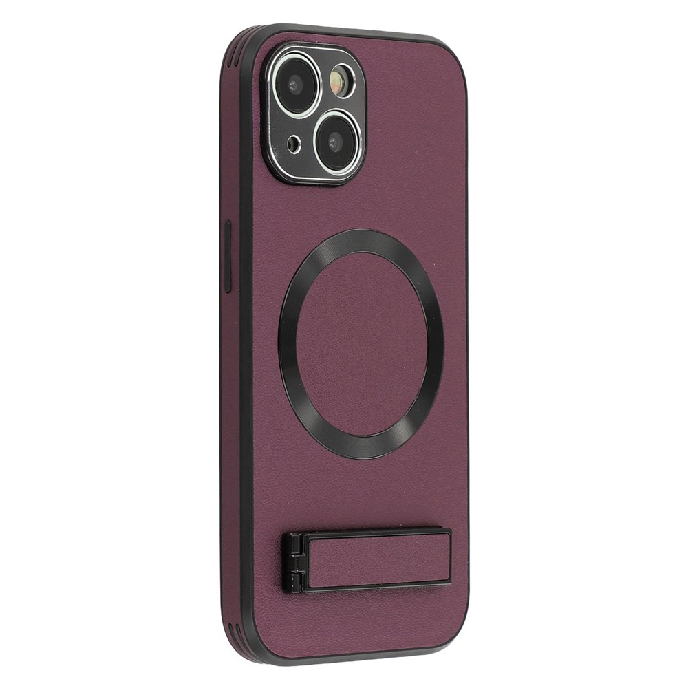 For iPhone 14 Kickstand Case Compatible with MagSafe PC + TPU + PU Phone Back Cover - Wine Red