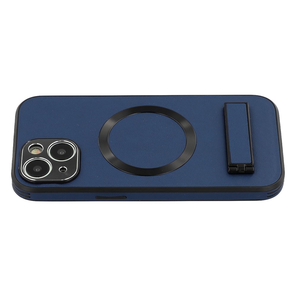For iPhone 14 Kickstand Case Compatible with MagSafe PC + TPU + PU Phone Back Cover - Blue