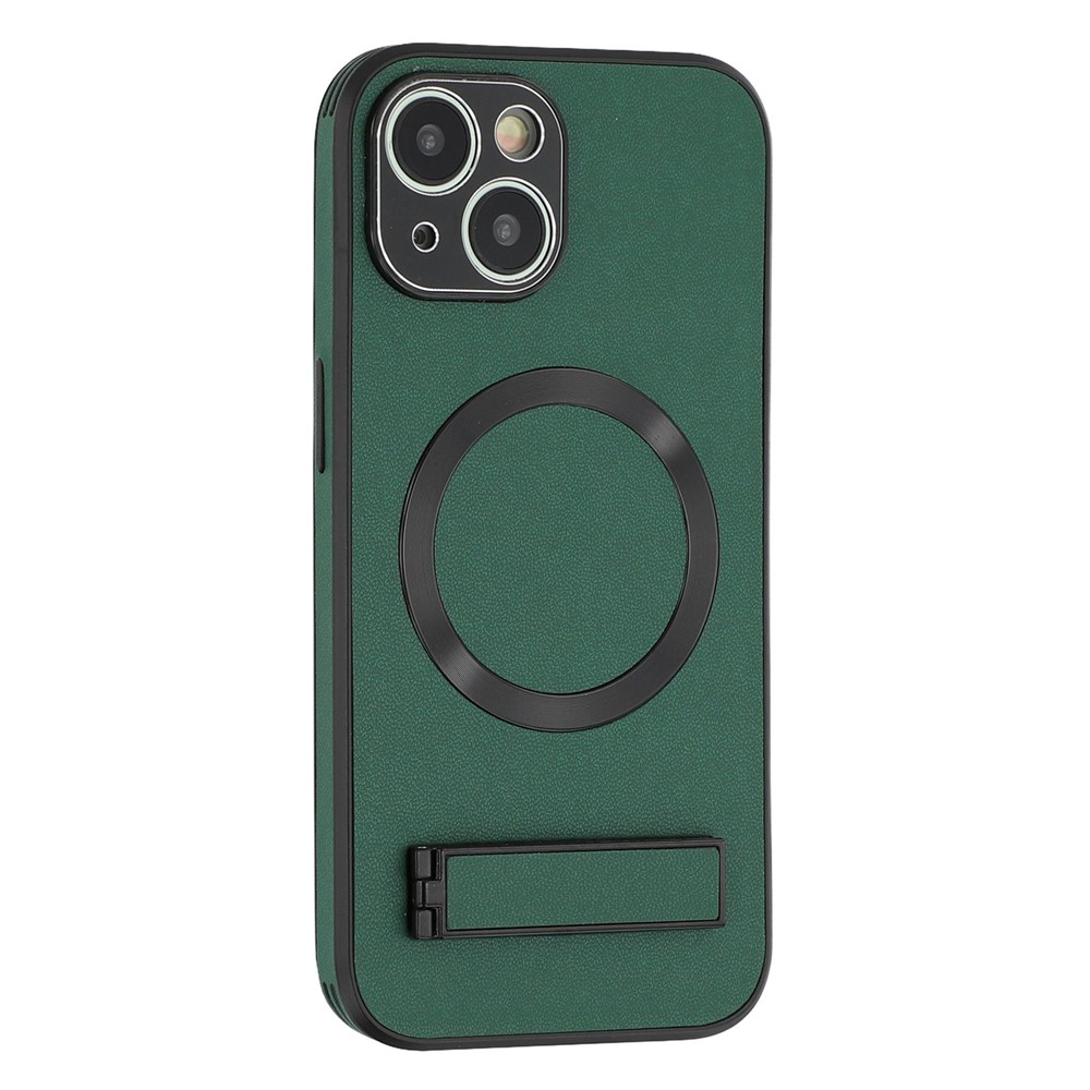 For iPhone 14 Kickstand Case Compatible with MagSafe PC + TPU + PU Phone Back Cover - Green